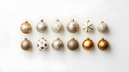 Wall Mural - Golden shiny glass Christmas balls, minimal flat lay background.