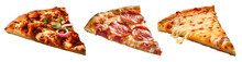 Pizza Slice, BBQ Chicken, Cheese, Pepperoni On Transparent Background Cutout, PNG File. Many Assorted Different Flavour. Mockup Template For Artwork Design