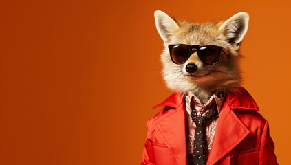 Canvas Print - Cool looking fox wearing funky fashion dress - jacket, tie, glasses. Wide banner with space for text at side. Stylish animal posing as supermodel. Generative AI