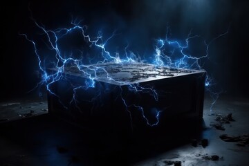 mysterious black stone podium in a cloud of electrical discharges, ai tools generated image