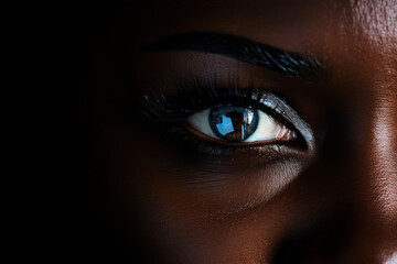 Extreme close up of a African american woman with striking blue eyes and pouty lips. Interplay of light and shadow