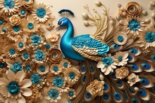 Golden 3D Wall Art Featuring Animals, Jewelry, Flowers, And Wooden Circles. Mural, Background With Peacock Wallpaper And Illustrations. Generative AI