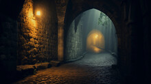 A Cobblestone Tunnel In An Ancient European City, Misty And Dimly Lit, Gas Lamps Glowing
