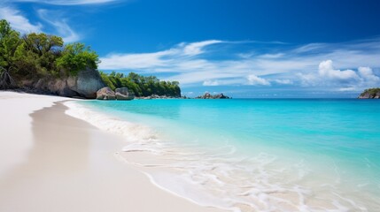  A secluded beach with azure waters meeting pristine white sands.