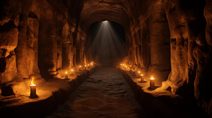 Wall Mural - ancient underground tunnel, illuminated by flickering torches, stone walls adorned with hieroglyphics, eerily quiet