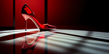 A Single Elegant Red Stiletto Heel, Standing On A Glass Surface, Reflective, Dramatic Studio Lights Creating Long Shadows