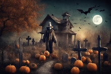 Halloween, Scarecrow On The Path In Front Of The Old House, Around The Grave And Cemetery With Pumpkins, Mystical Forest, Flying Bats On Big Full Moon Background, Scary And Fabulous, Dark Magic
