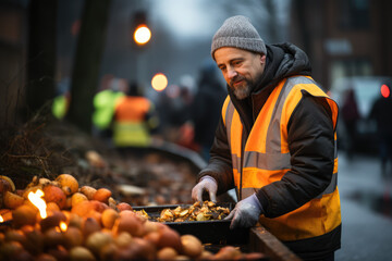 A volunteer serving hot meals to the homeless and less fortunate on Boxing Day, highlighting the importance of social responsibility. Concept of community support. Generative Ai.