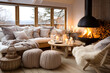 Cozy sofa, knitted poufs and recliner chair by freestanding fireplace. Hygge, scandinavian home interior design of modern living room in chalet.