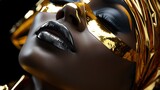 Fototapeta  - gold makeup on a black woman with silver makeup, in the style of sunrays shine, generative AI
