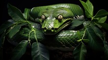  A Green Snake Is Curled Up On A Branch With Leaves.  Generative Ai