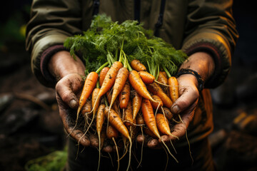 Wall Mural - A farmer's hands holding freshly harvested carrots, covered in soil, highlighting the connection between the land and food. Concept of organic farming. Generative Ai.