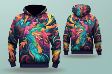 Wall Mural -  Black hoodie with vivid dragon print, mock up