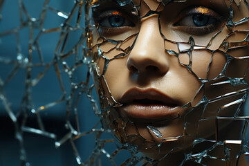 Wall Mural - a person's reflection in a shattered mirror, representing fragmented self-perception. concept of dis