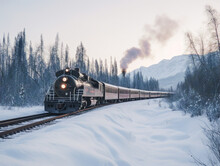 A Snowy Landscape With Train Tracks Surrounded By Mountains And Forest In Alaska During Winter.