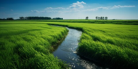 Green Field with a Small Stream Flowing Through, Set Against a Summer Blue Sky, Emphasizing the Beauty of Freshwater and the Serenity of Nature