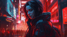Futuristic Cyberpunk Woman In The City At Night. Female Cosplay Character In A Futuristic City. Beautiful Young Cyborg Girl In Tech Wear In A Neon-lit Busy Evening Street. - AI Generated 3d Render.