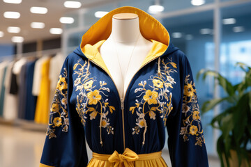 Poster - Women's blue dress with yellow floral embroidery