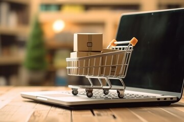 Wall Mural - Online shopping and delivery service concept. Brown paper boxs in a shopping cart with laptop keyboard on wood table in office background. Easy shopping with finger tips for consumers.