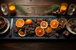 Christmas table on wooden table with orange cinnamon pine on a wooden background