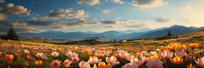 Poster - panoramic flowering meadow in spring