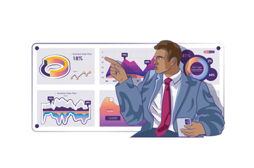 Aufkleber - Business plan concept with people scene in flat cartoon design for web. Businessman analyzing financial data and creating strategy. Vector illustration for social media banner, marketing material.
