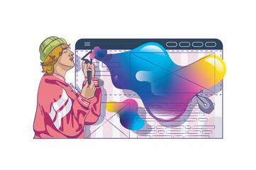Poster - Web design concept with people scene in flat cartoon design for web. Man creating abstract trendy visualization for interface layout. Vector illustration for social media banner, marketing material.