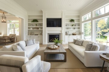 Stunning living room in a farmhouse style luxury home with hardwood floors, white shiplap walls, fireplace, and built-in TV. Generative AI