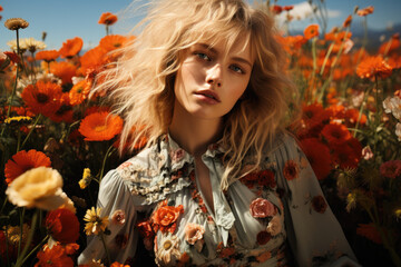 Sticker - young woman in floral clothes surrounded by wild flowers, new fashion spring collection