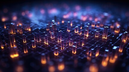Abstract tech background with illuminated fiber optic connections, quantum computing network system and electronic global intelligence