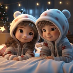 Children in Christmas atmosphere, cartoon style.