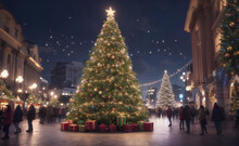 Beautiful Big Christmas Tree With Christmas Decoration At Central Of City.