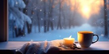 Winter, Snowy Scene And Cup Next To The Window With Book And Candle Generative AI