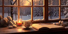 Warm Winter Morning Winter Scene Window Sill Books And Coffee With Warm Blanket And Snow Falling Generative AI
