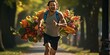 An Energetic Athlete Running Through a Park While Holding a Bouquet of Fruits and Vegetables, Emphasizing Nutritional Supplements, Vitamins, Plant Protein, and Muscle Growth in Pursuit of a Healthy Li
