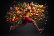 A Dynamic Athlete Races with a Bouquet of Fruits and Vegetables Against a Bold Black Background, Highlighting Nutritional Supplements, Vitamins, and Plant Protein for Muscle Growth in a Healthy Lifest