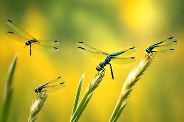 five dragonflies on blade of grass in background of yellow blur.