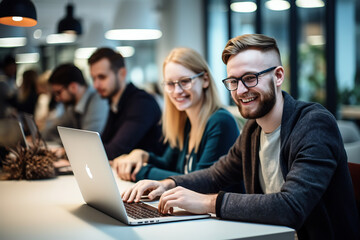 a group of people sitting at a table with laptops