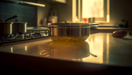 Sticker - Healthy meal preparation in modern stainless steel kitchen with cooking utensils generated by AI