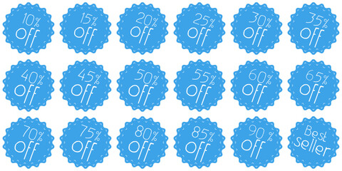 Aufkleber - Blue stickers with discounts from 10% to 90%.
