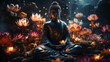 Buddha, Maravichai posture sitting in the middle of large multi-colored lotus flowers.generative ai
