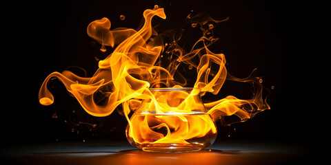 Vibrant sodium flame test, bright yellow - orange flame against a pitch - black backdrop, focused on Bunsen burner