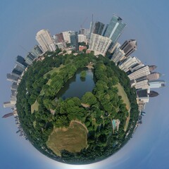  360 degree tiny planet view of Atlanta skyline from Piedmont park