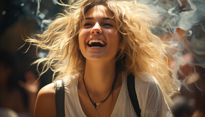 Beautiful young woman enjoying carefree summer with toothy smile generated by AI