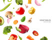 Creative layout made of flying vegetables on the white background. Flat lay. Food concept. Macro  concept of avocado, broccoli, corn, peppers, carrot, garlic, onion, beetroot, tomato, cucumber.