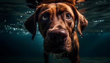 Wall Mural - Wet purebred retriever swimming, looking at camera fun generative AI