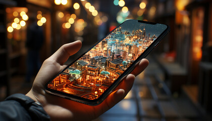 Poster - Hand holding smart phone, photographing cityscape at night generated by AI