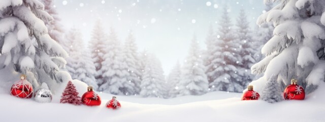 Wall Mural - Festive Christmas snowy background, with red balls and snowfall outdoors. Space for custom text ideas, banner and greeting card. Generative Ai