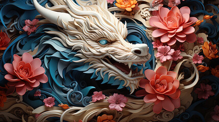 Wall Mural - Japanese dragon, in the style of detailed multi-layered compositions, close-up, colorful bright background. ai generative art