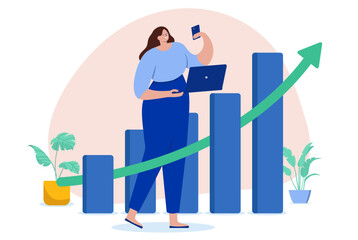 Fototapete - Successful woman - Businesswoman standing in front of financial business diagram chart with green arrow pointing up, taking picture with her phone. Flat design vector illustration